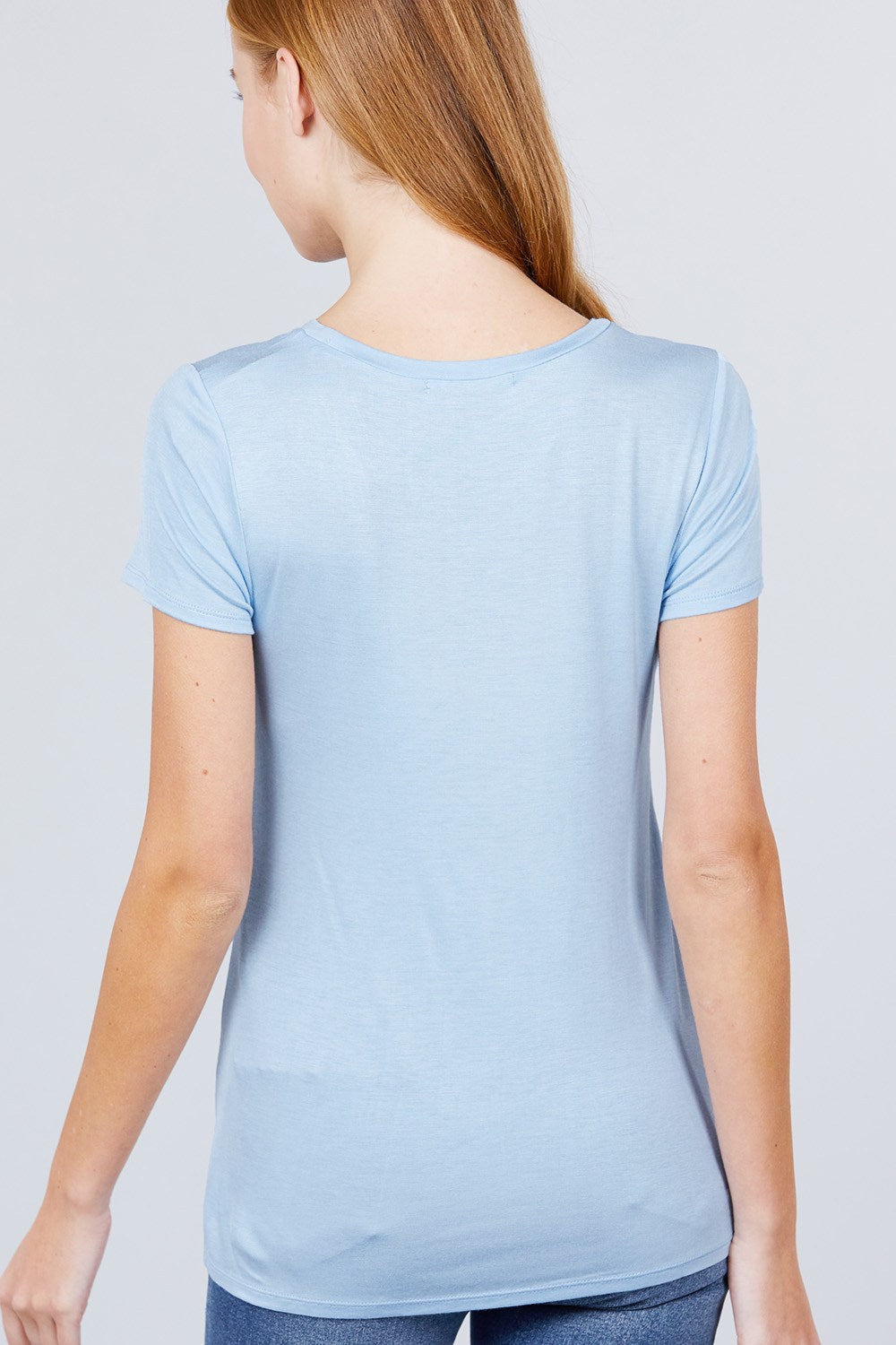 Women's Short Sleeve Round Scoop Neck Top T-Shirt Tee Pocket - Crystal Blue