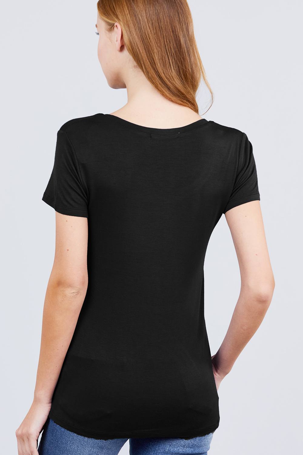 Women's Short Sleeve Round Scoop Neck Top T-Shirt Tee Pocket - Black
