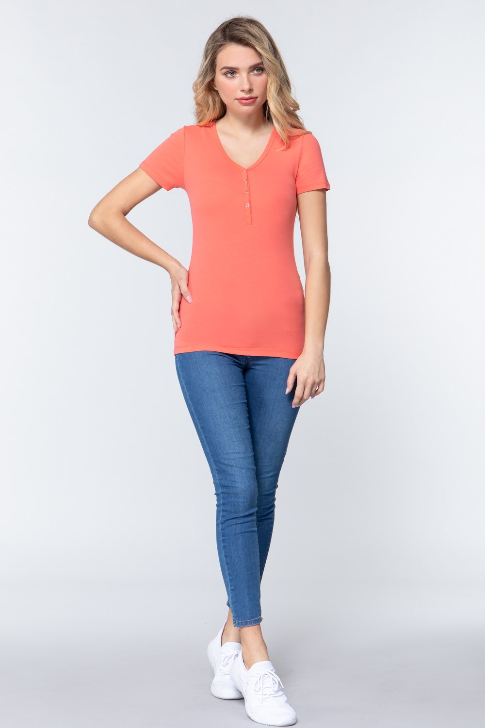Women's Short Sleeve V-neck Henley Knit Top Soft T-Shirt - Deep Coral Pink
