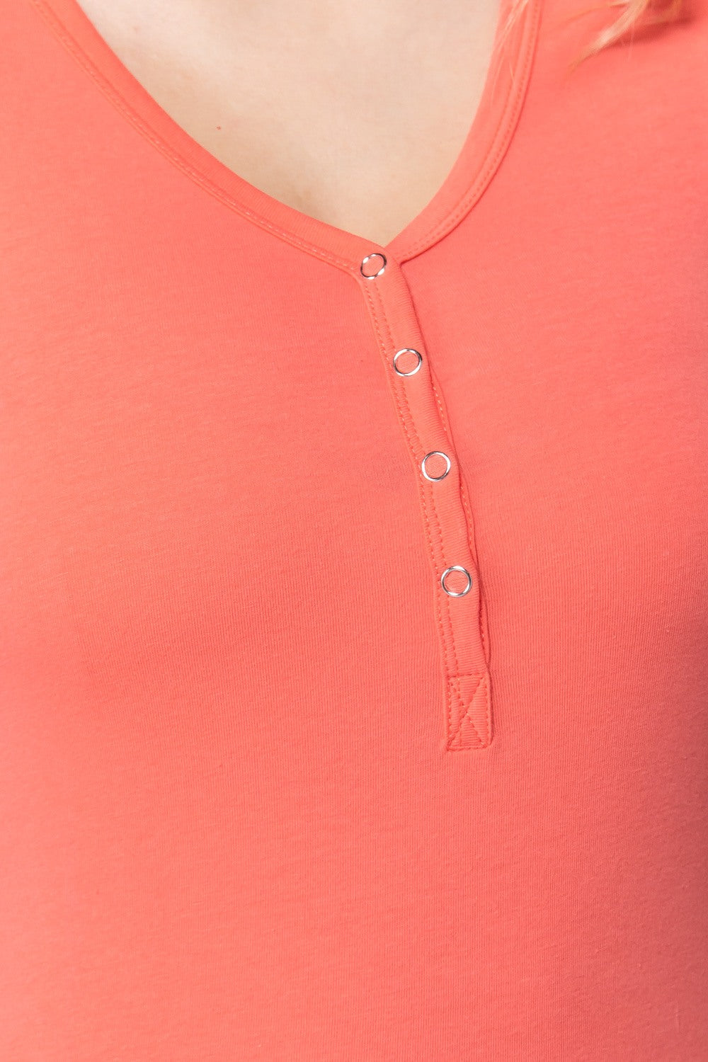 Women's Short Sleeve V-neck Henley Knit Top Soft T-Shirt - Deep Coral Pink