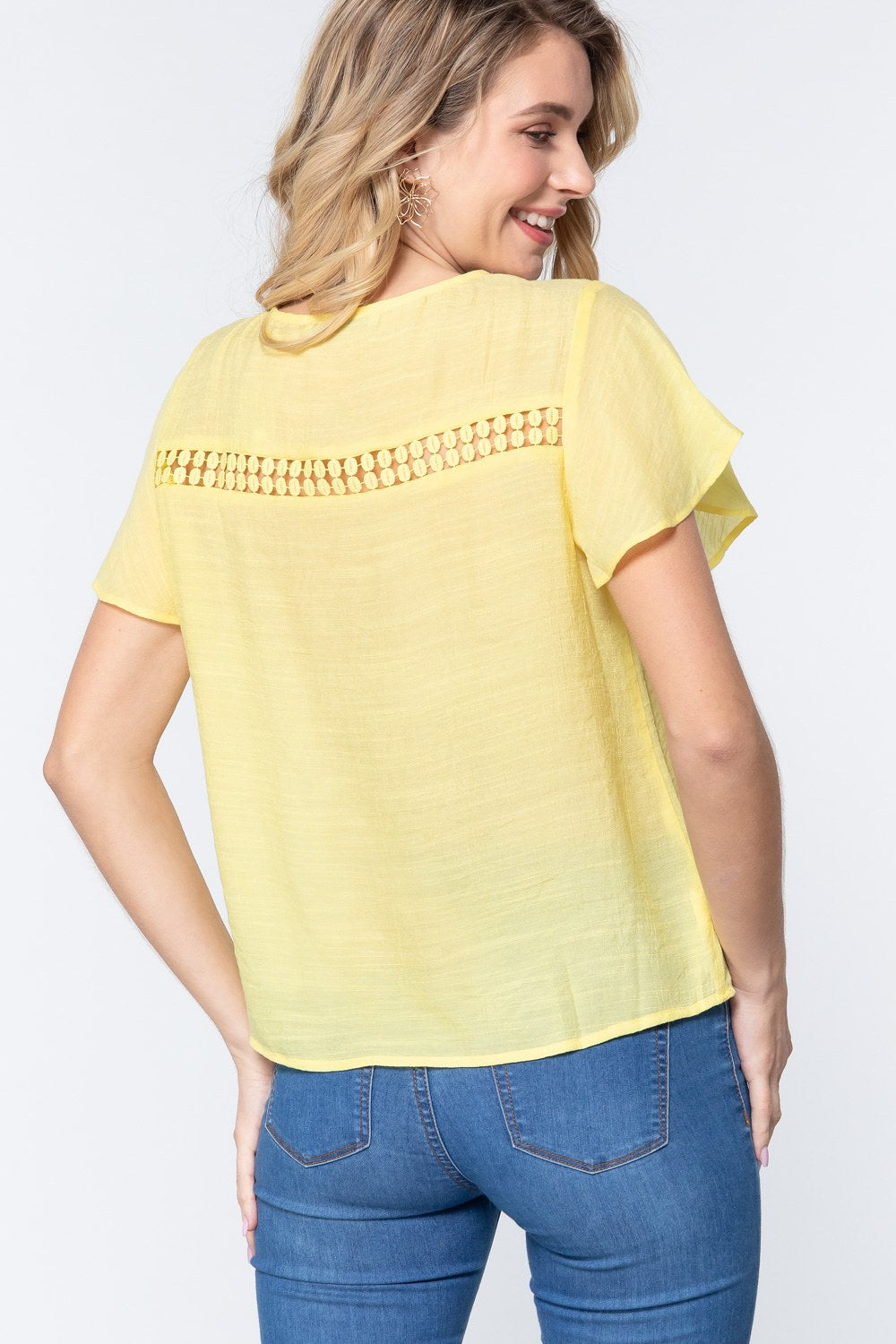 Women's V-neck Woven Top Short Ruffle Sleeves Soft Rayon T-Shirt Blouse