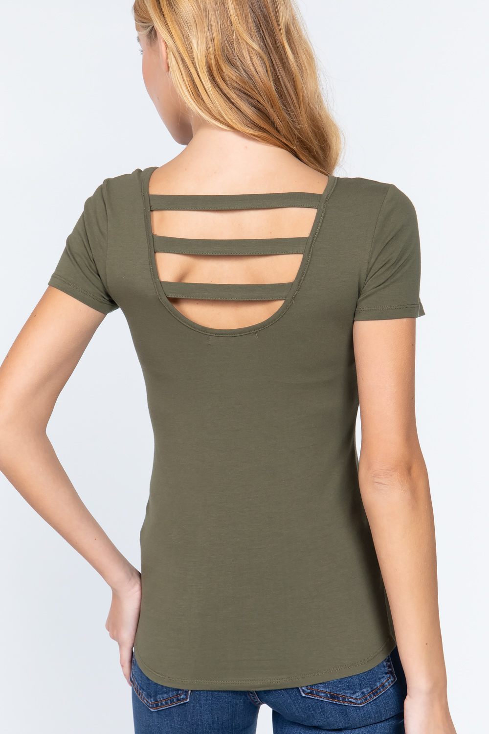 Women's Round Neck Short Sleeve Cotton Top Zipper Pocket T-Shirt - Olive Green