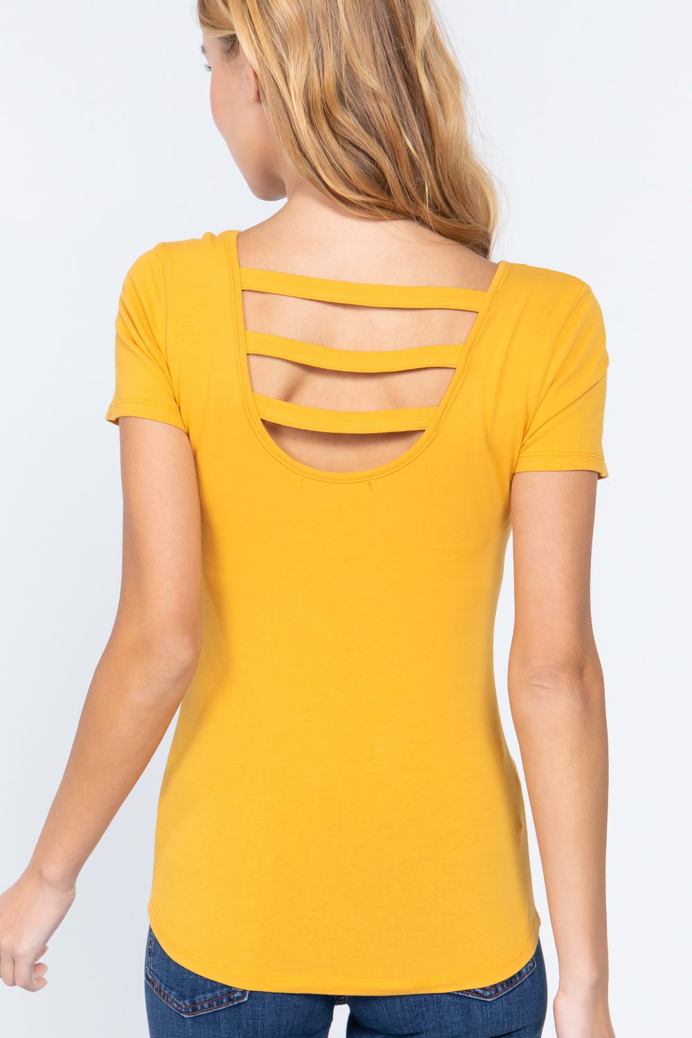 Women Round Neck Short Sleeve Cotton Top Zipper Pocket T-Shirt - Mustard Yellow