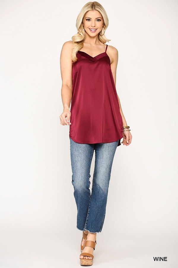 Women's Velvet Mixed Round Hem Camisole V-Neck Adjustable Strap Loose Tank Top