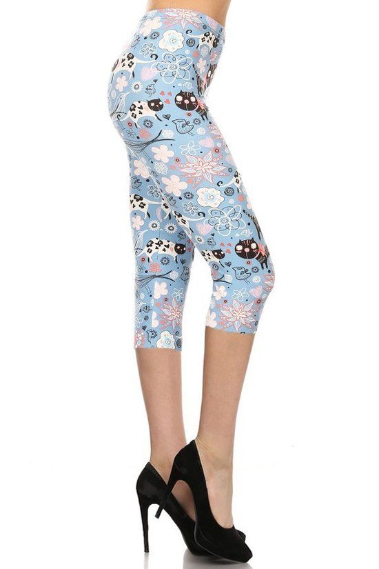 Women's Capri 3/4 Length Cats Flowers Printed High Waisted Leggings Yoga Pants