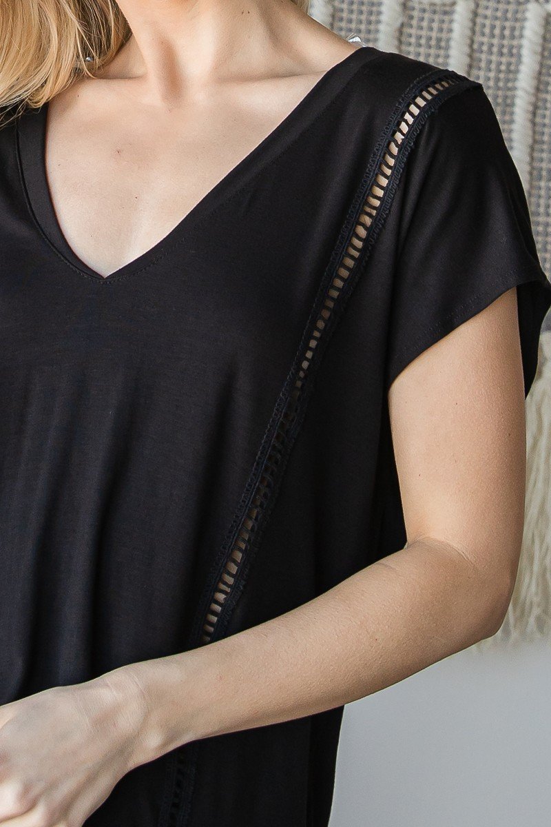 Women's Short Sleeve V Neck Top Mirrored See Through Trim Rayon Loose T Shirt