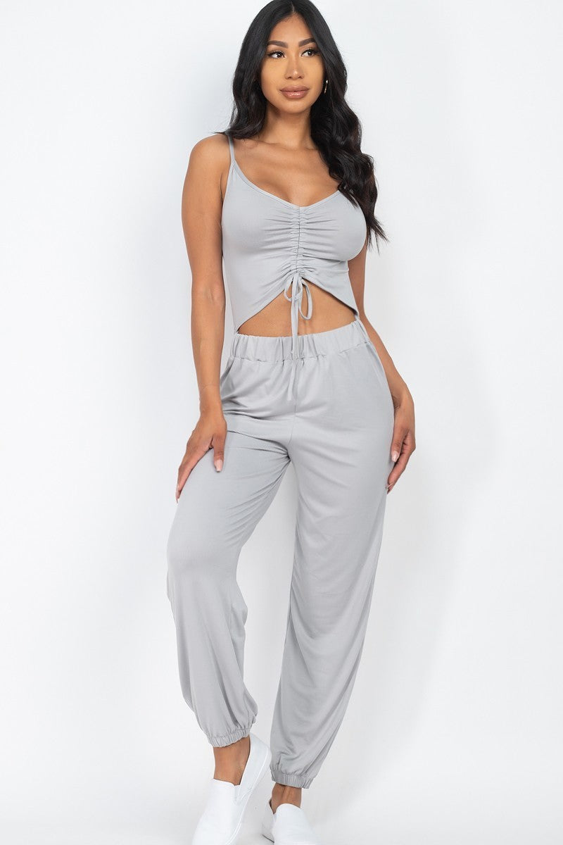 Women's Bodycon Front Ruched Adjustable String Cami Casual Stretch Jumpsuit