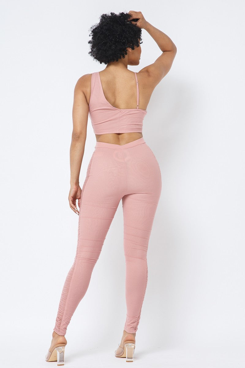 Women V-Neck Mesh Strappy Ruched Crop Top & See Through Side Leg Leggings Set