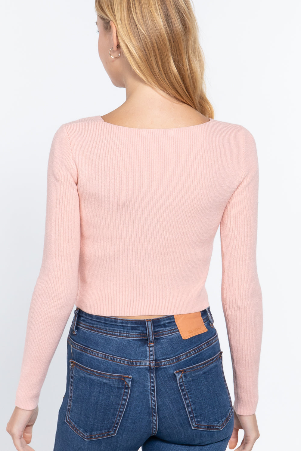 Women's V-neck Front Knotted Cropped Sweater Long Sleeve Stretchy Fitted
