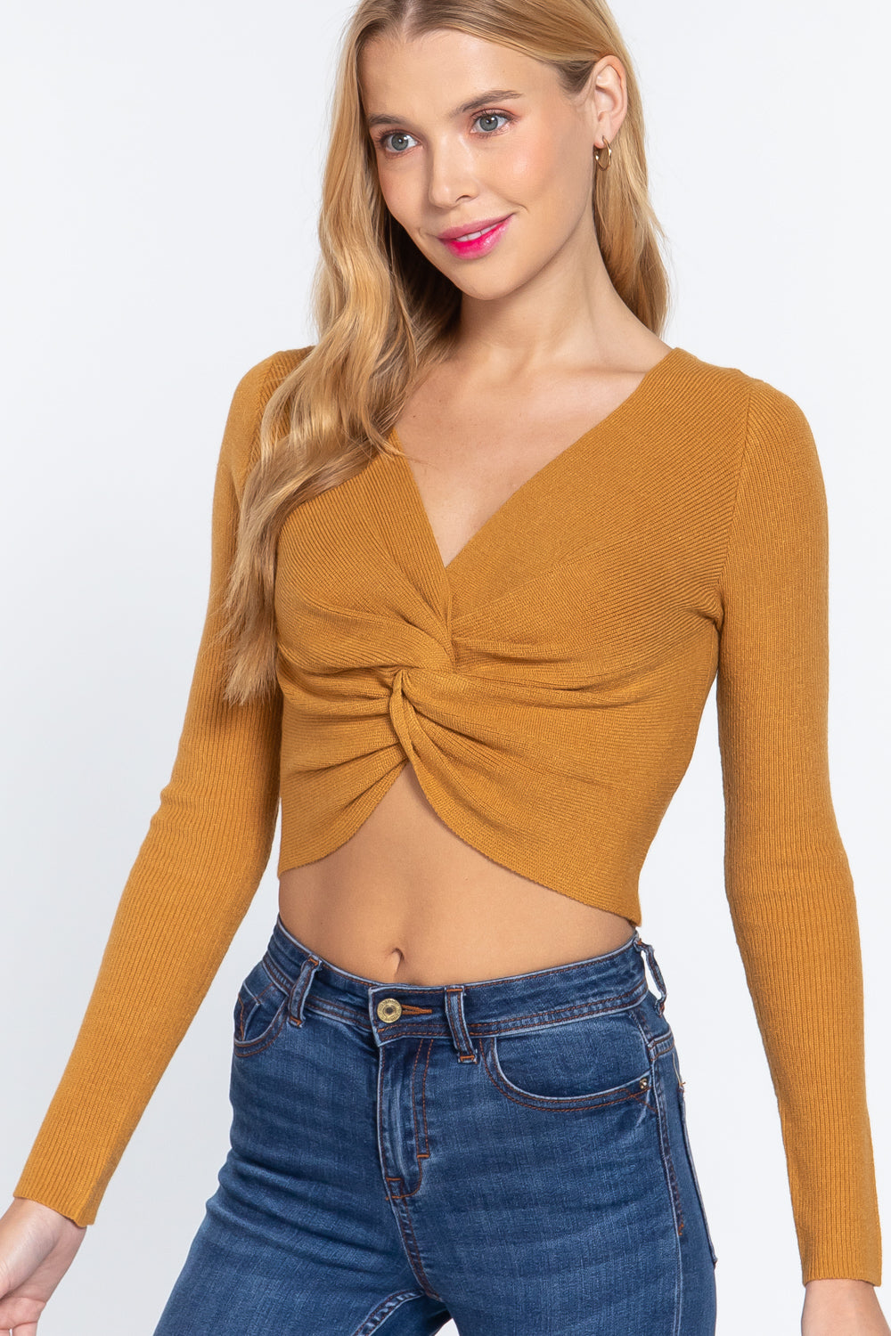 Women's V-neck Front Knotted Cropped Sweater Long Sleeve Stretchy Fitted