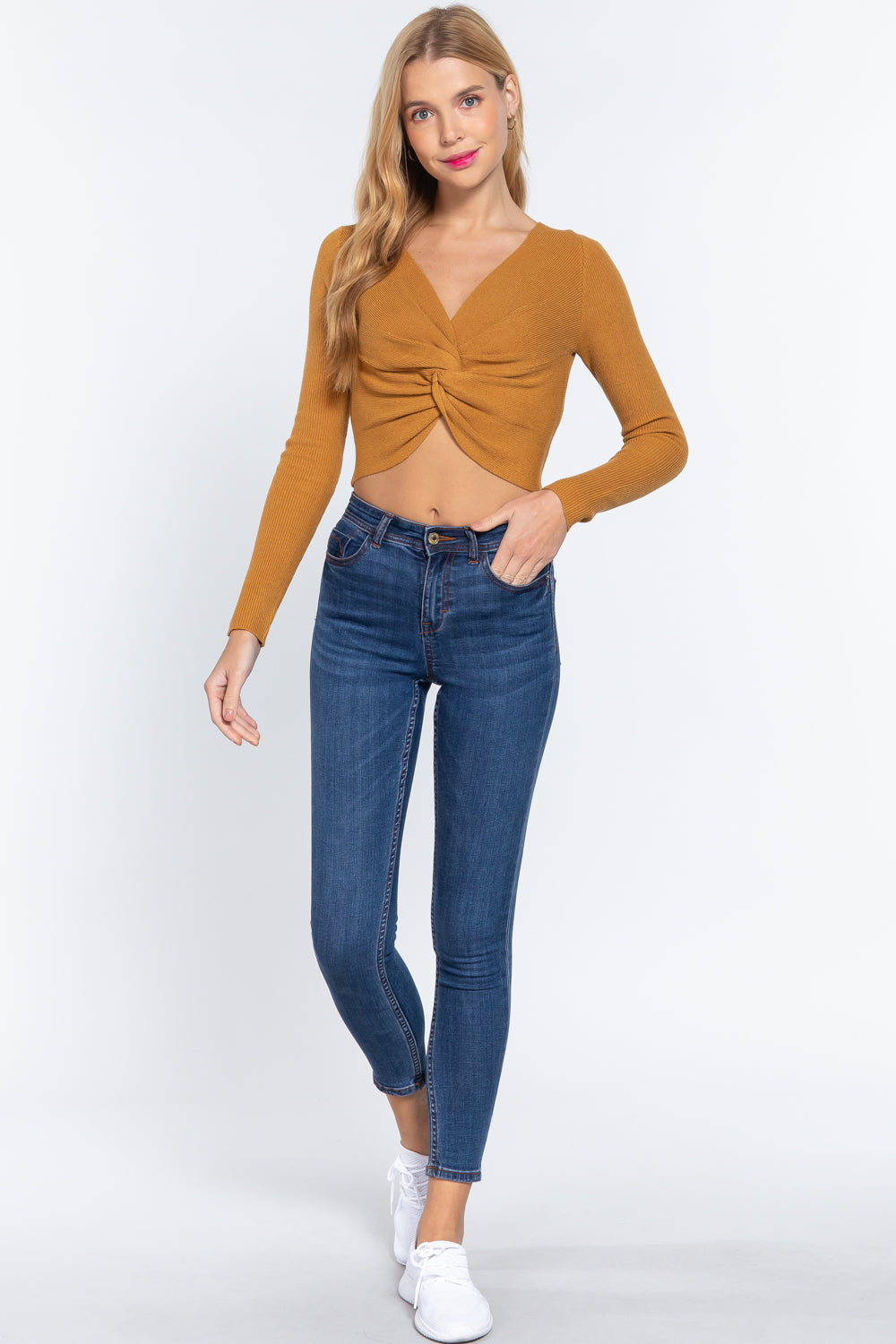Women's V-neck Front Knotted Cropped Sweater Long Sleeve Stretchy Fitted