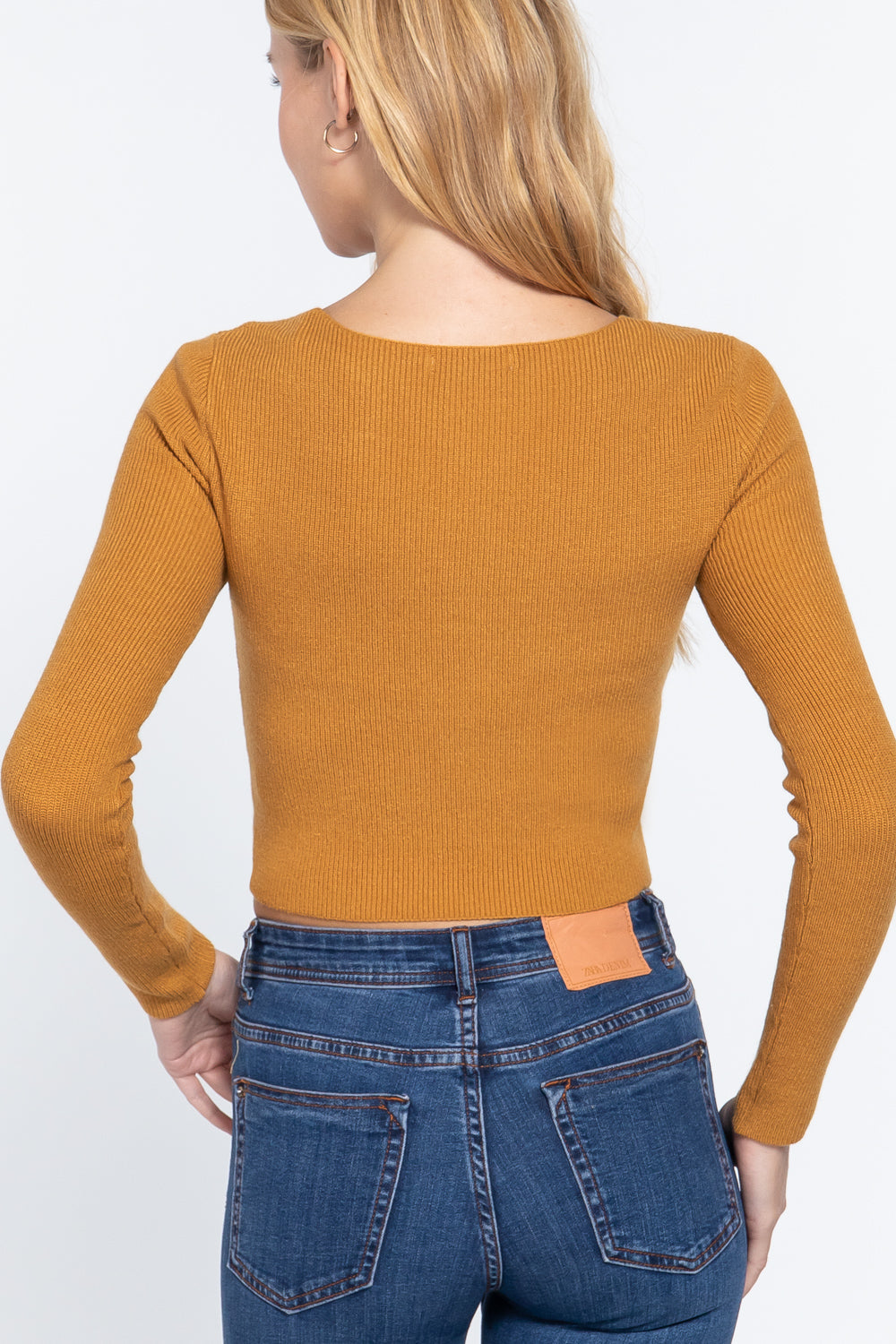 Women's V-neck Front Knotted Cropped Sweater Long Sleeve Stretchy Fitted