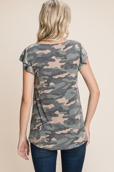 Women Army Camo Printed Cut Out Neckline Short Flutter Sleeves Casual Basic Top