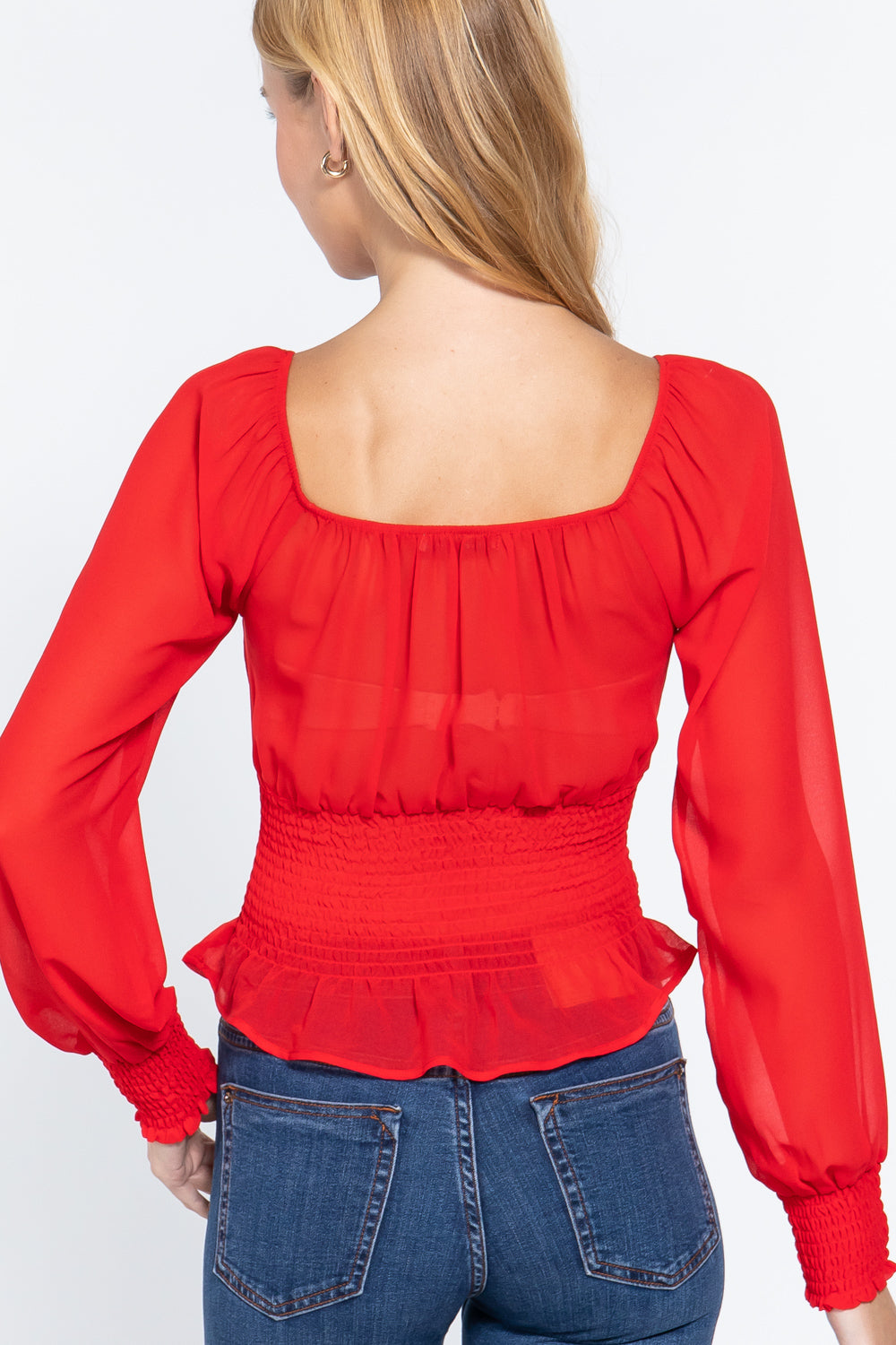 Women's Square Neck Smocked Chiffon Blouse Top Long Sleeves Shirt