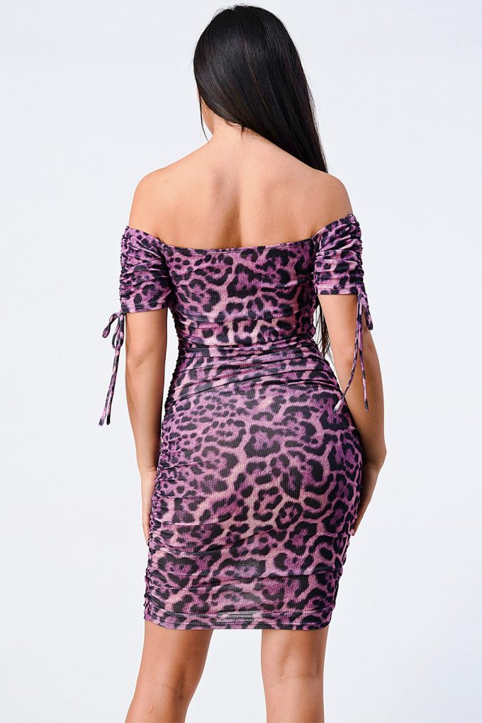 Women's Leopard Printed Off Shoulder Shirring Bodycon Mini Dress Short Sleeve