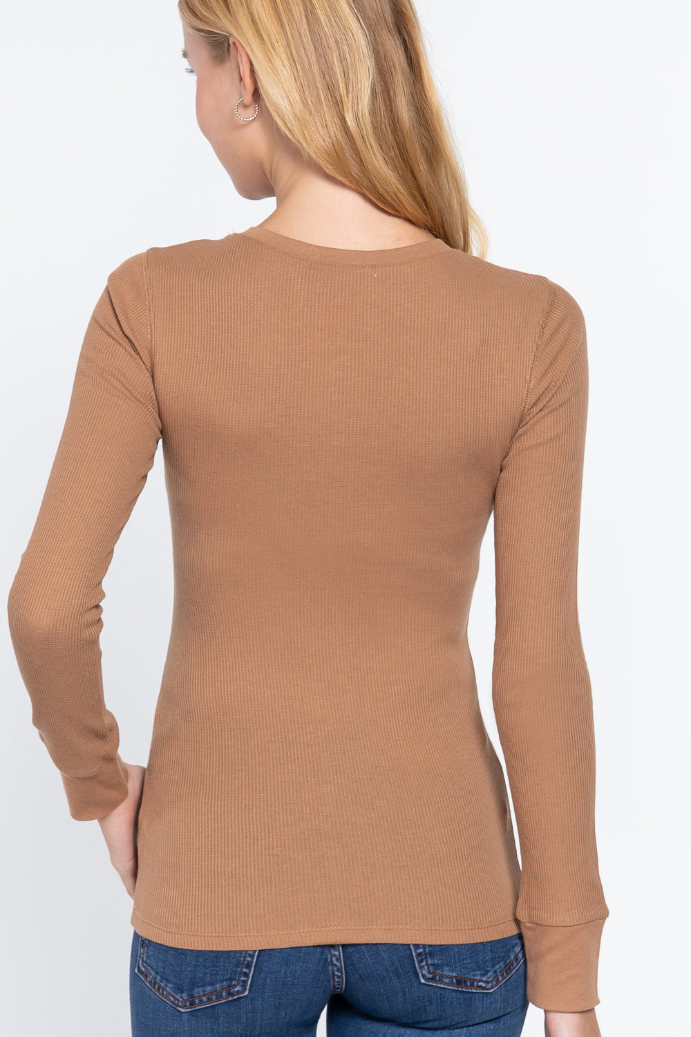 Women's Long Sleeve Henley Thermal Shirt Soft Top (Natural Tan)