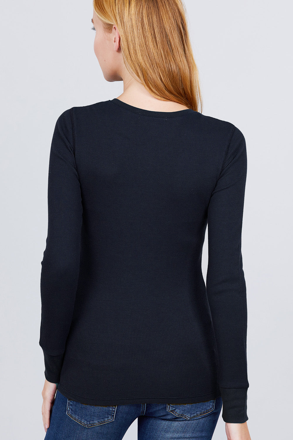 Women's Long Sleeve Henley Thermal Shirt Soft Top (Navy)