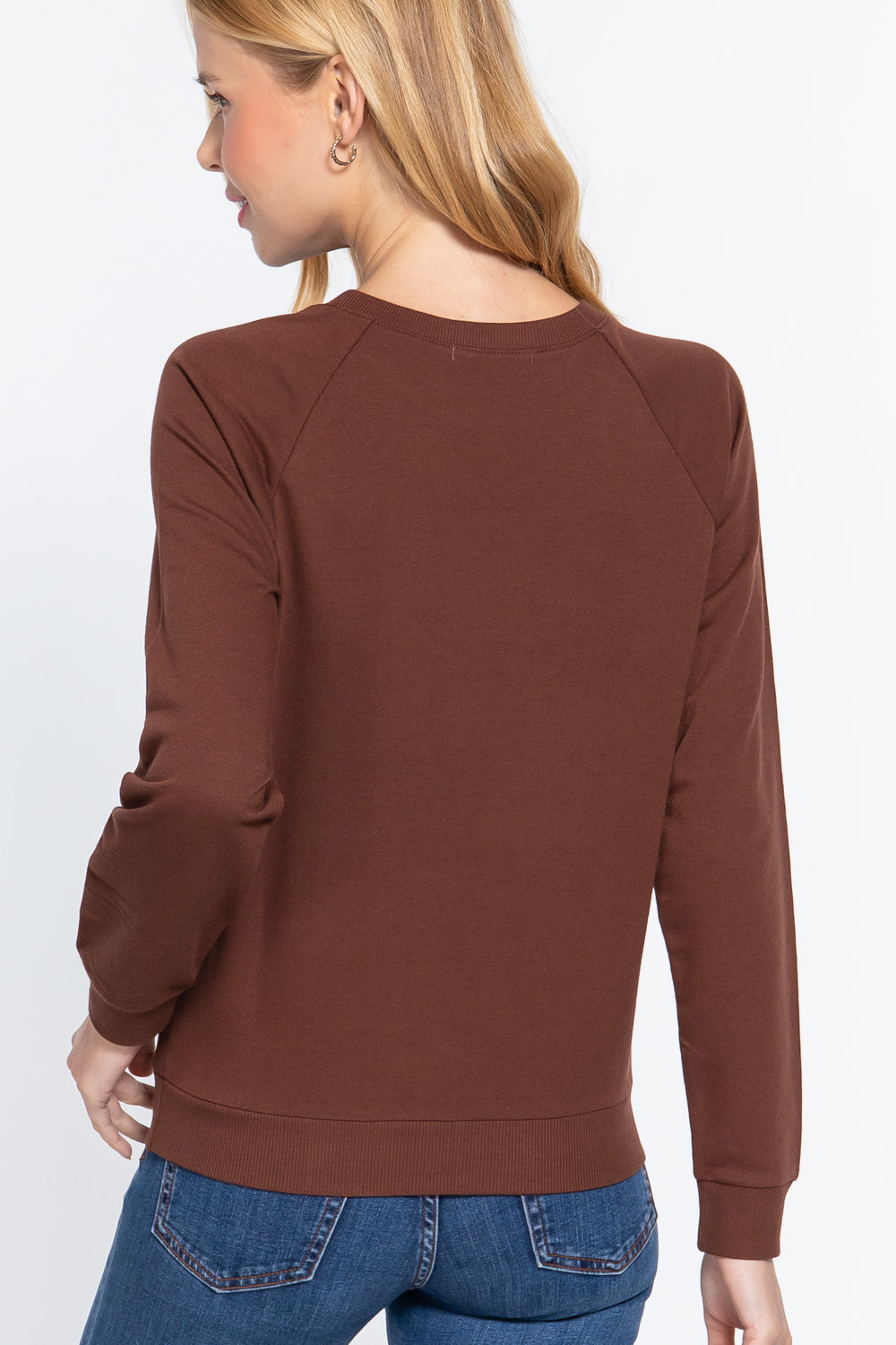 Women Long Sleeve Round Neck Sequins Embroidered French Terry Pullover Top