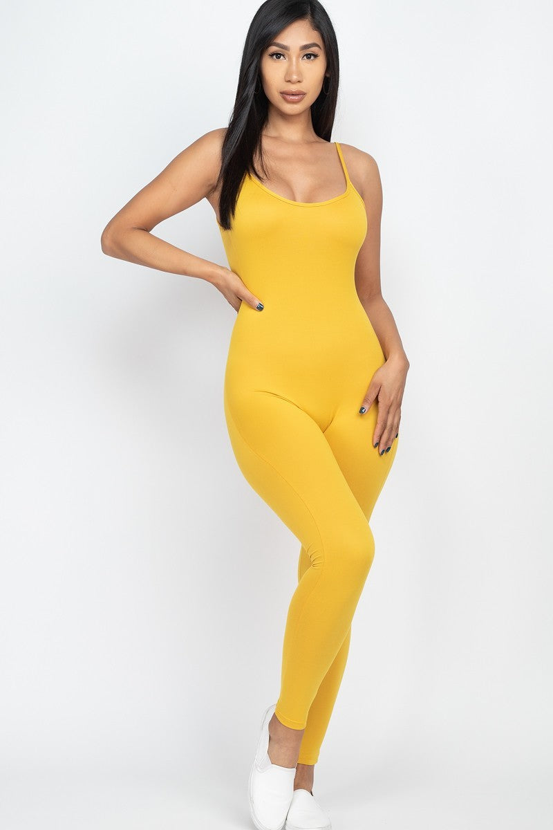 Women's Bodycon Cami Sleeveless Stretch Knit Jumpsuit Dress (Mustard)