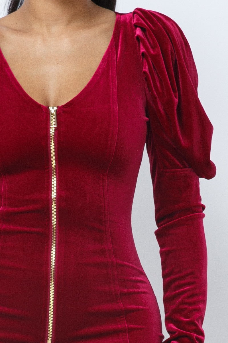 Women's Bodycon V-Neck Mini Dress Soft Velvet Pleated Puff Sleeve Party T-shirt