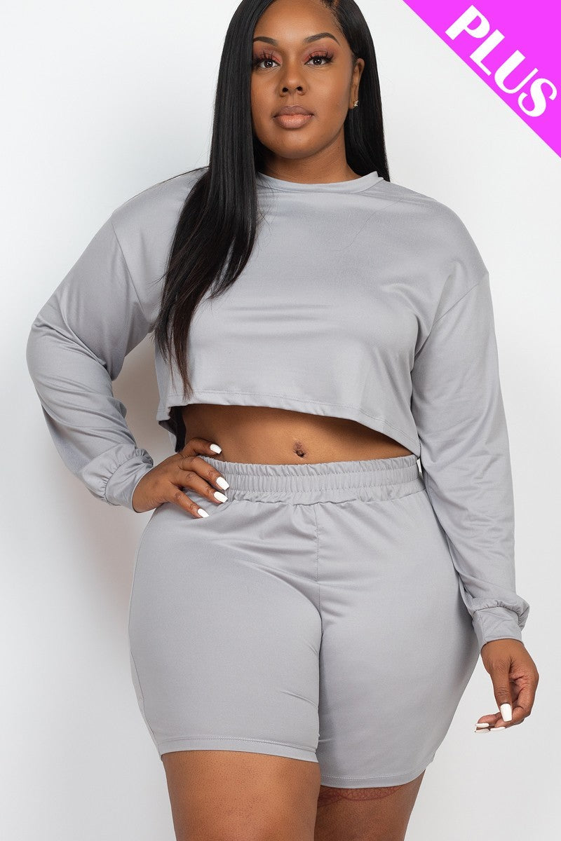 Women Plus Round Neck Long Sleeve Crop Top & Shorts Loungewear Set (1X,2X,3X)