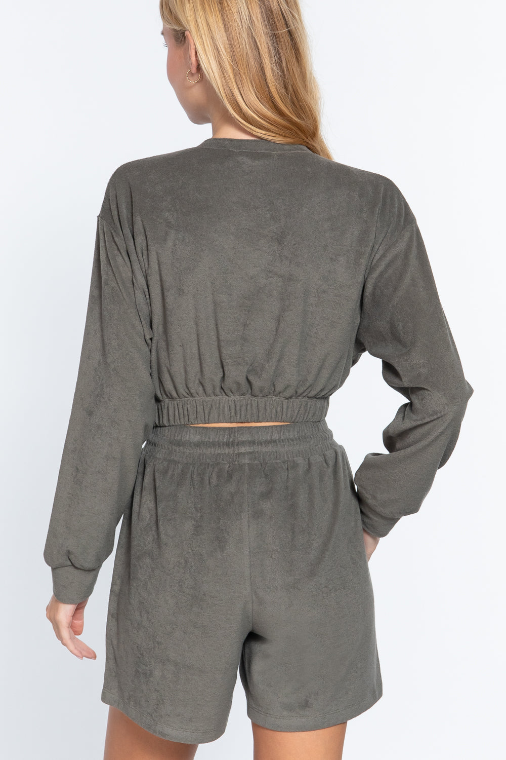 Women's Long Sleeve V-neck T Shirt Elasticized Hem Terry Towelling Knit Top