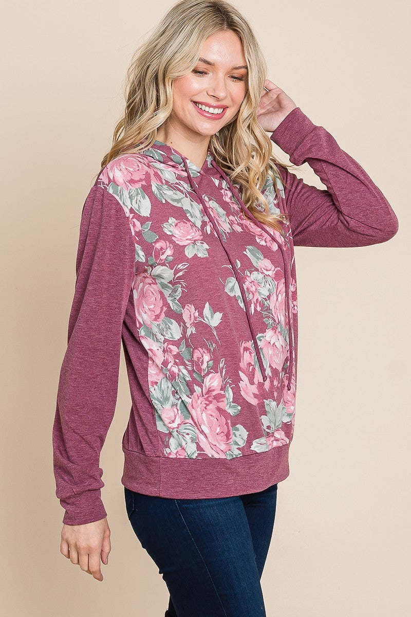 Women's Cozy Contrast Hoodie Sweatshirt Floral Printed Long Sleeve Cuff Casual