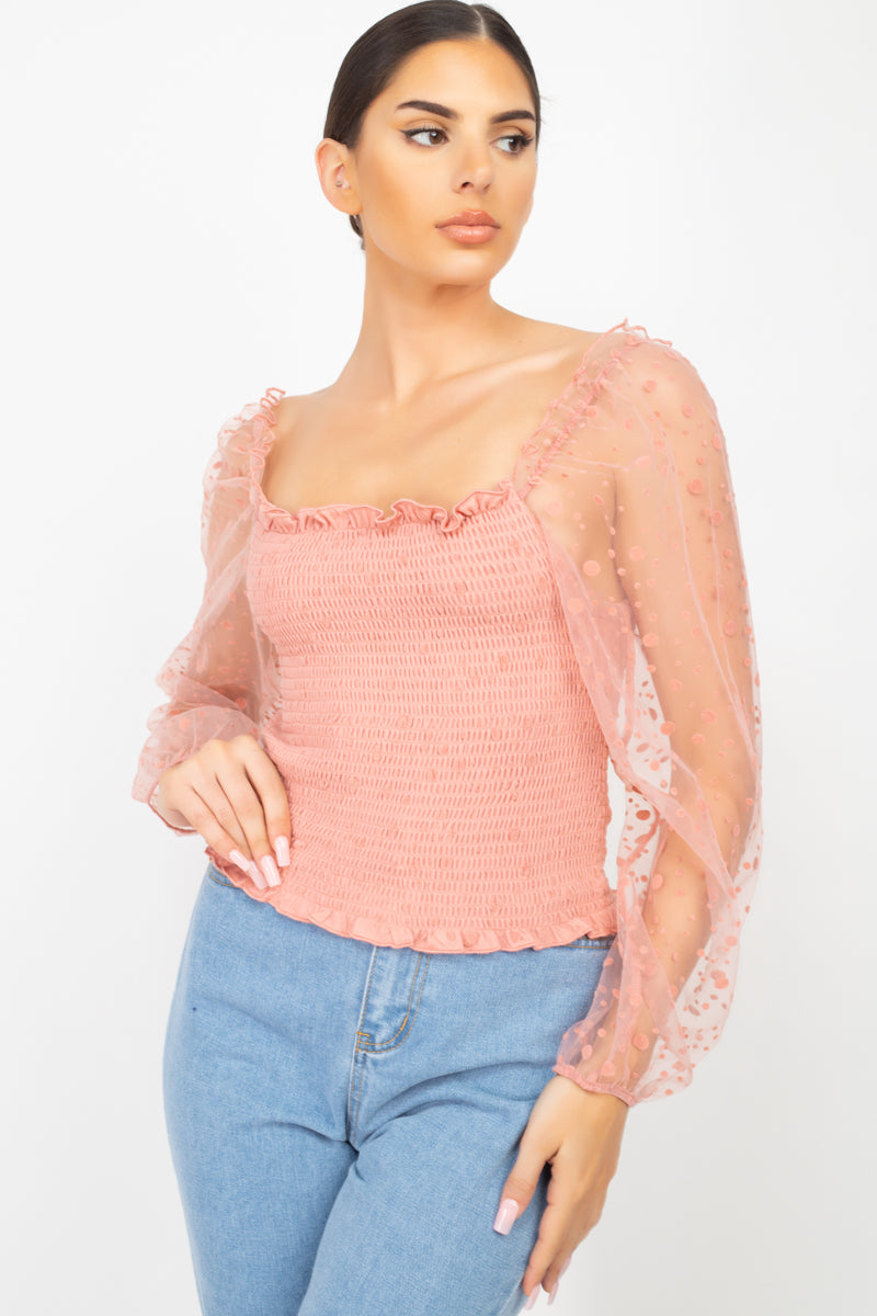 Women's Square Ruffled Neck Smocking Top Long Mesh Sleeves Blouse Shirt Solid