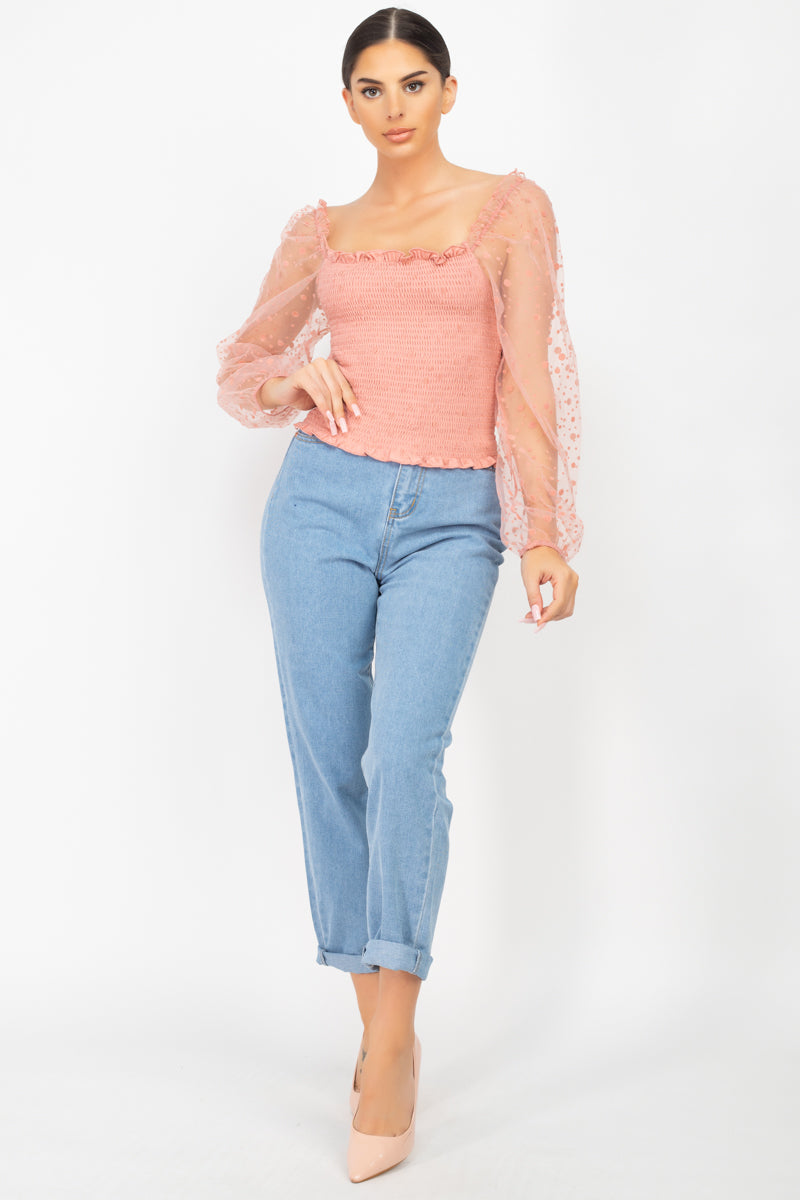 Women's Square Ruffled Neck Smocking Top Long Mesh Sleeves Blouse Shirt Solid