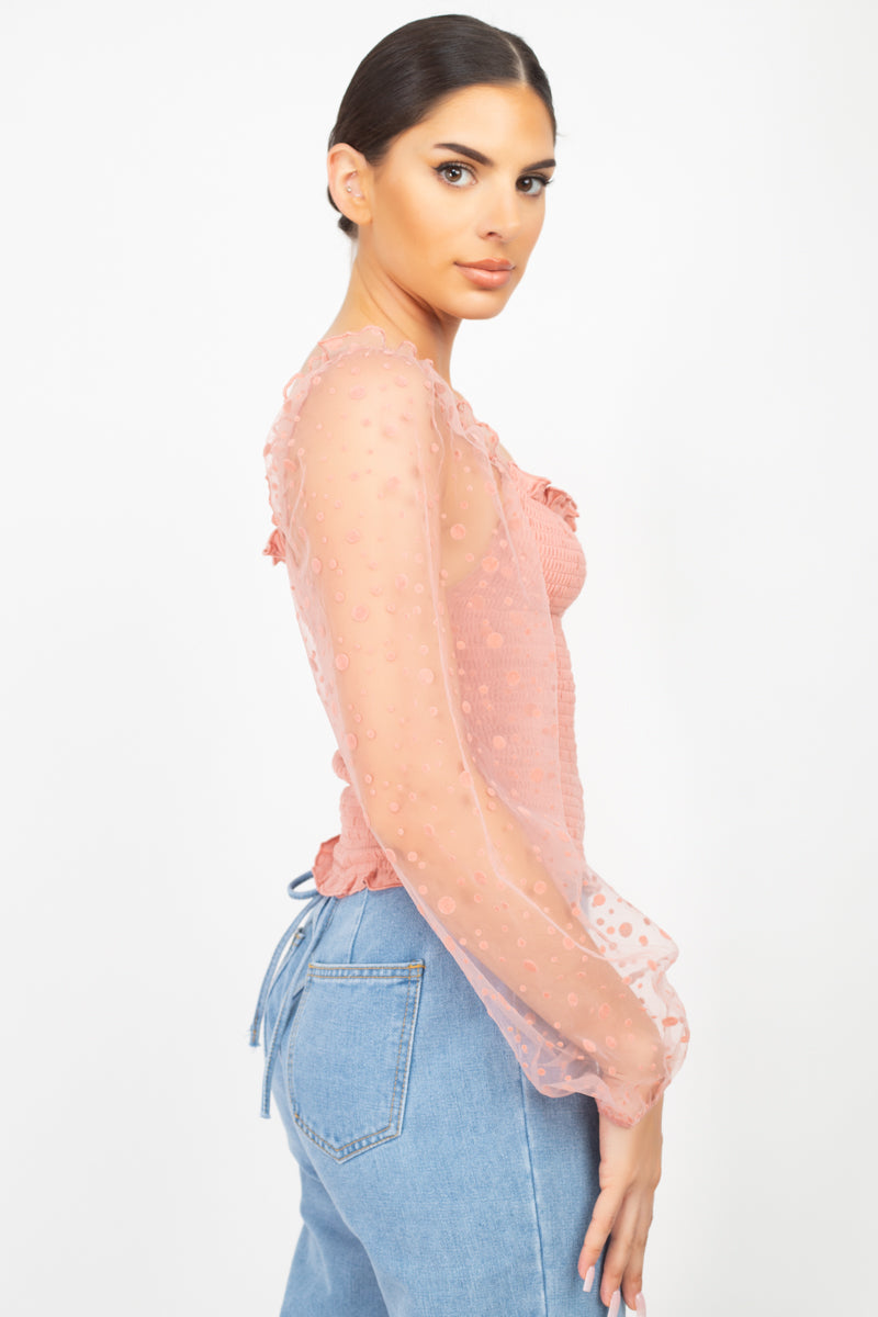 Women's Square Ruffled Neck Smocking Top Long Mesh Sleeves Blouse Shirt Solid