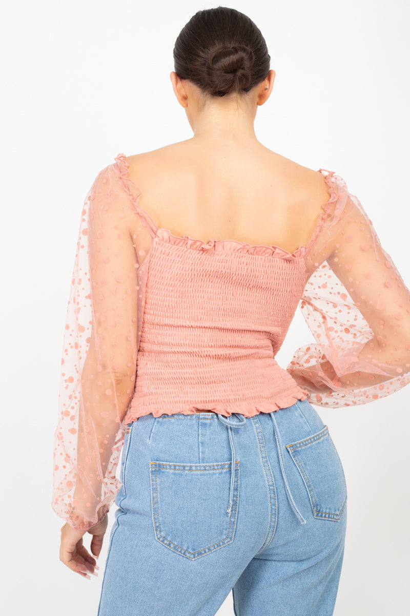 Women's Square Ruffled Neck Smocking Top Long Mesh Sleeves Blouse Shirt Solid