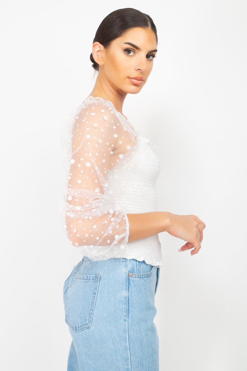 Women's Square Ruffled Neck Smocking Top Long Mesh Sleeves Blouse Shirt Solid
