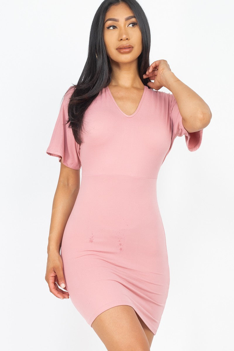 Women's V-neck Mini Dress Dolman Short Sleeves Soft Stretch Bodycon Dress Top