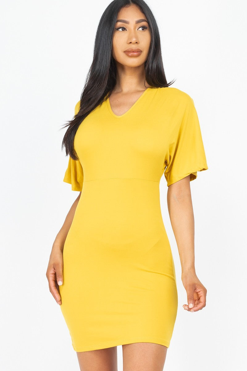 Women's V-neck Mini Dress Dolman Short Sleeves Soft Stretch Bodycon Dress Top