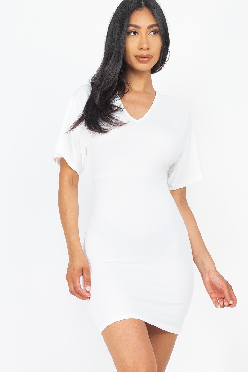 Women's V-neck Mini Dress Dolman Short Sleeves Soft Stretch Bodycon Dress Top