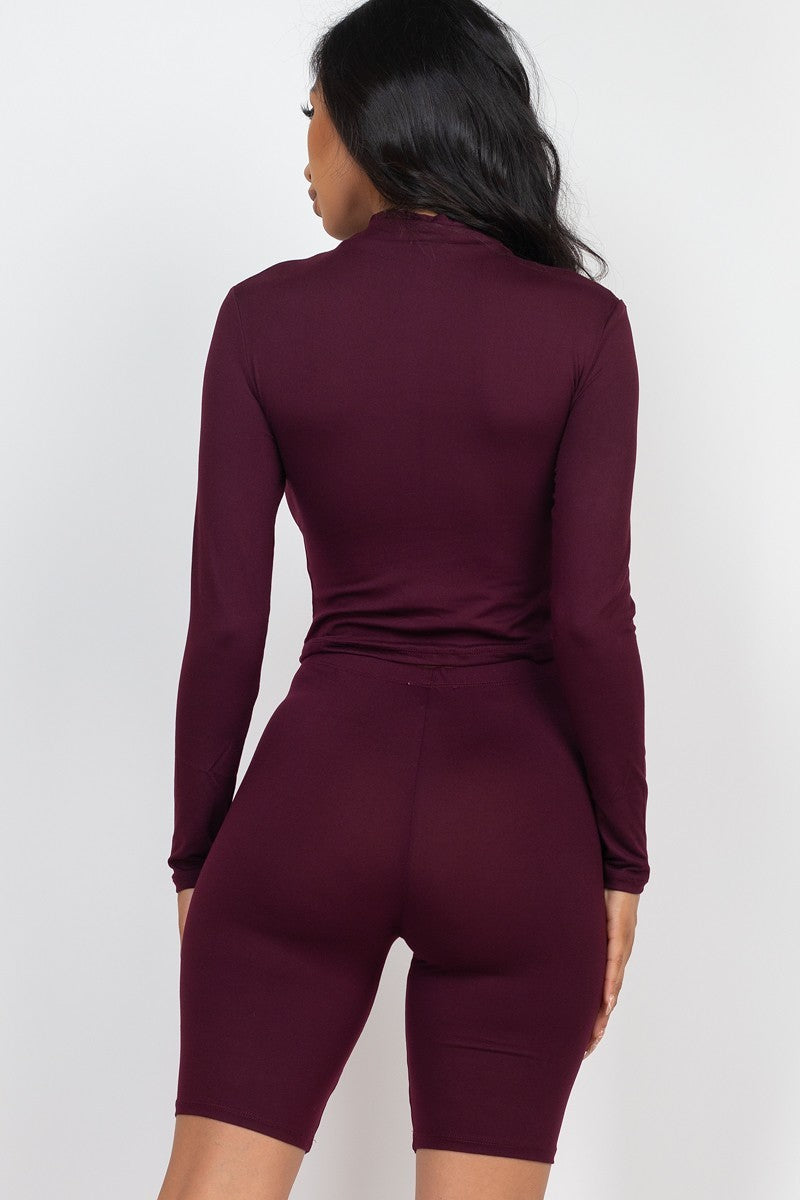 Women's Mock Neck Shirt Long Sleeve Bodycon Top & Biker Shorts Set Stretch Solid