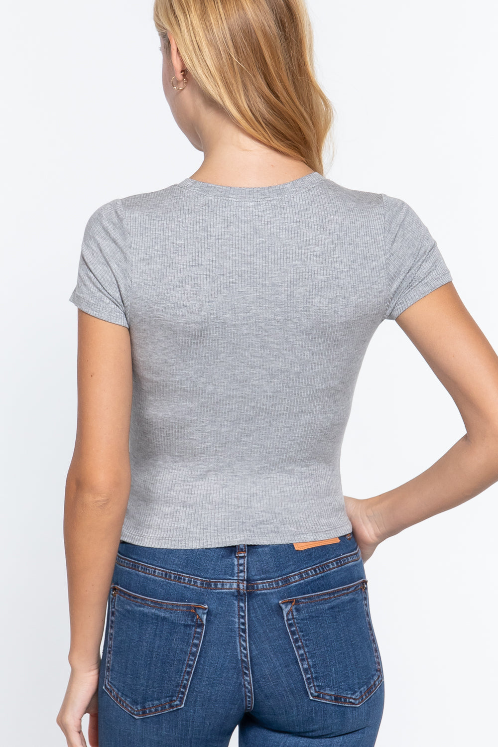 Women's Short Sleeve Crew Neck Rib Cropped Top T-Shirt Soft Tee - Heather Grey