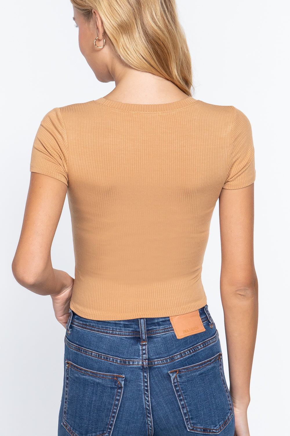Women's Short Sleeve Crew Neck Rib Cropped Top T-Shirt Soft Tee - Honeycomb