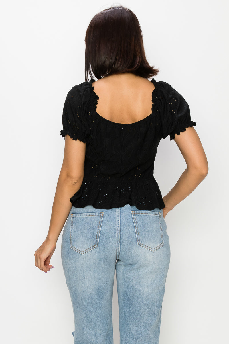 Women's Peplum Eyelet Puff Sleeve Top Black