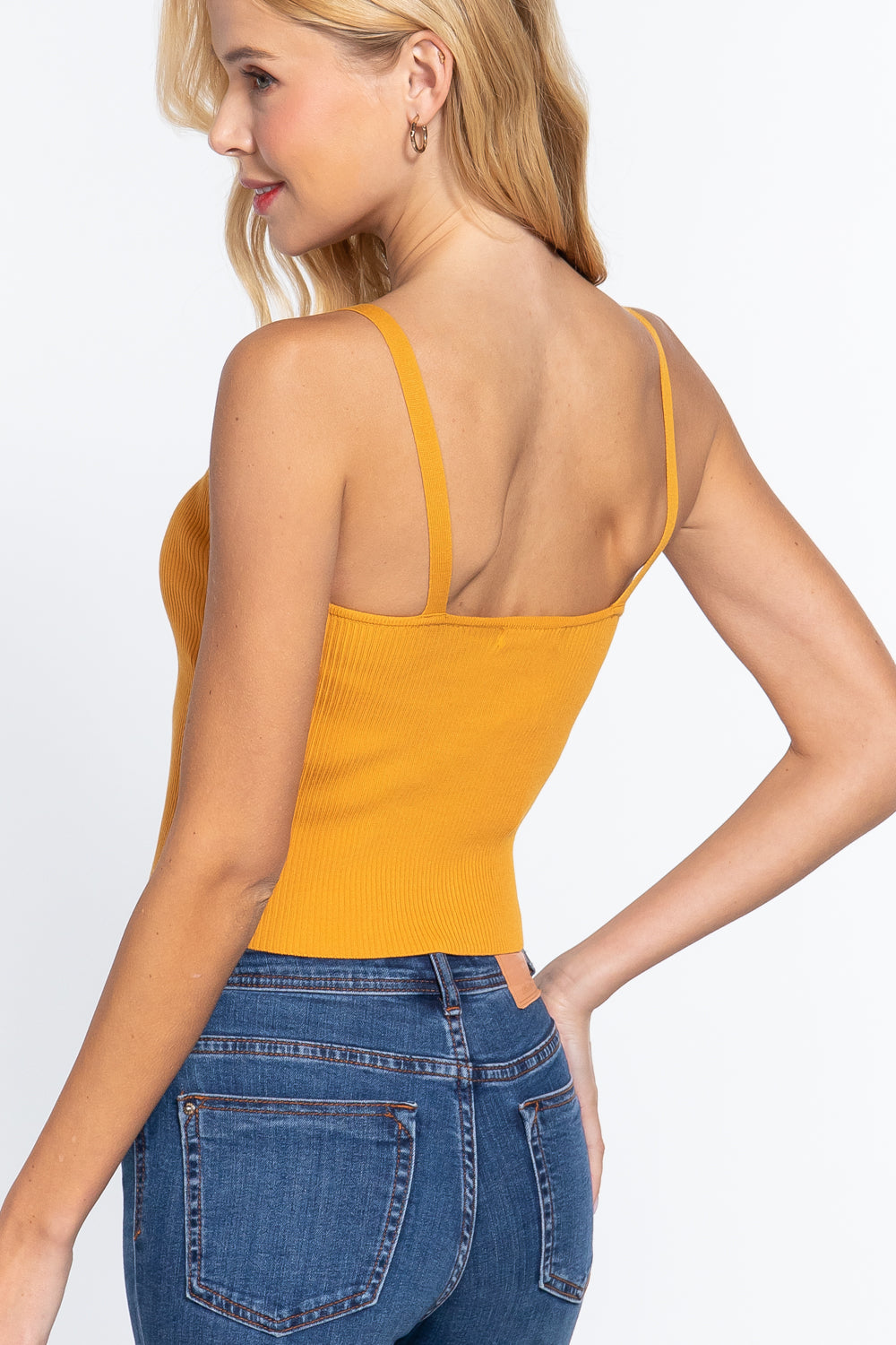 Women's Front Closure Hooks Sweater Cami Top Cropped Stretchy Fitted Yellow