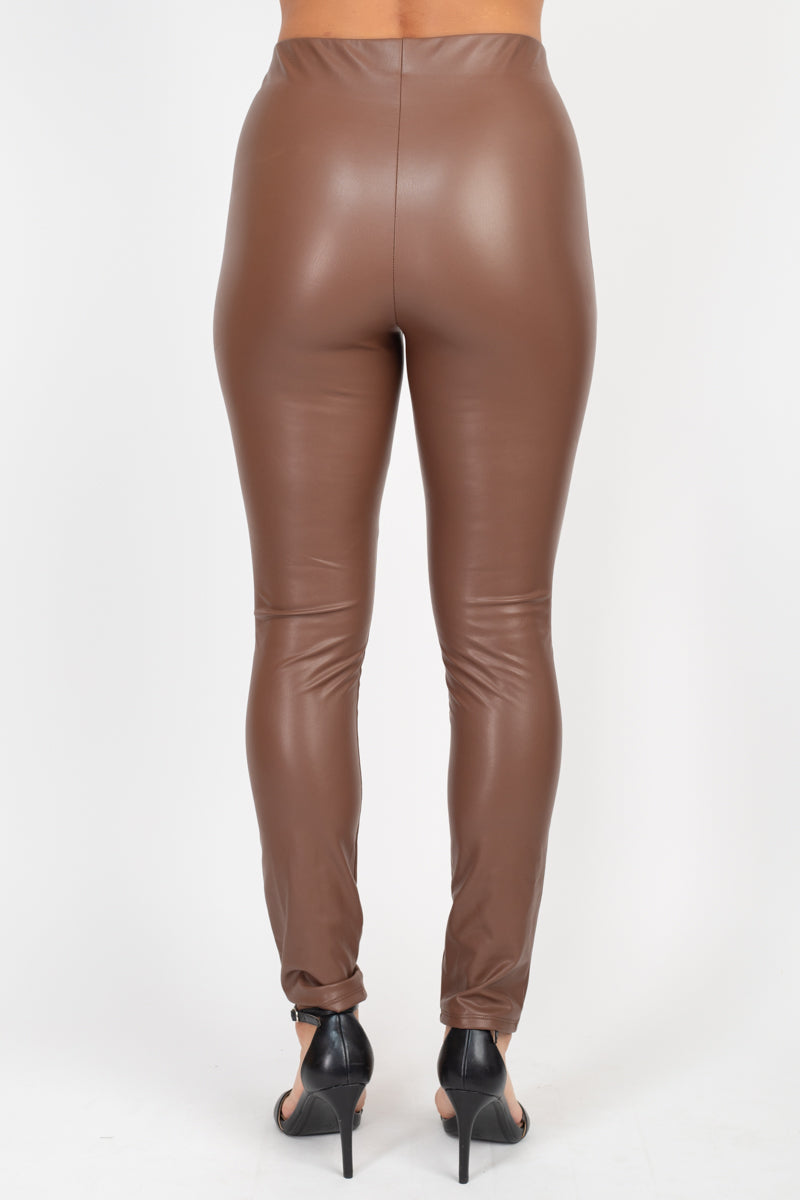 Women's Button-detail Faux Leather Skinny Pants - Dark Brown