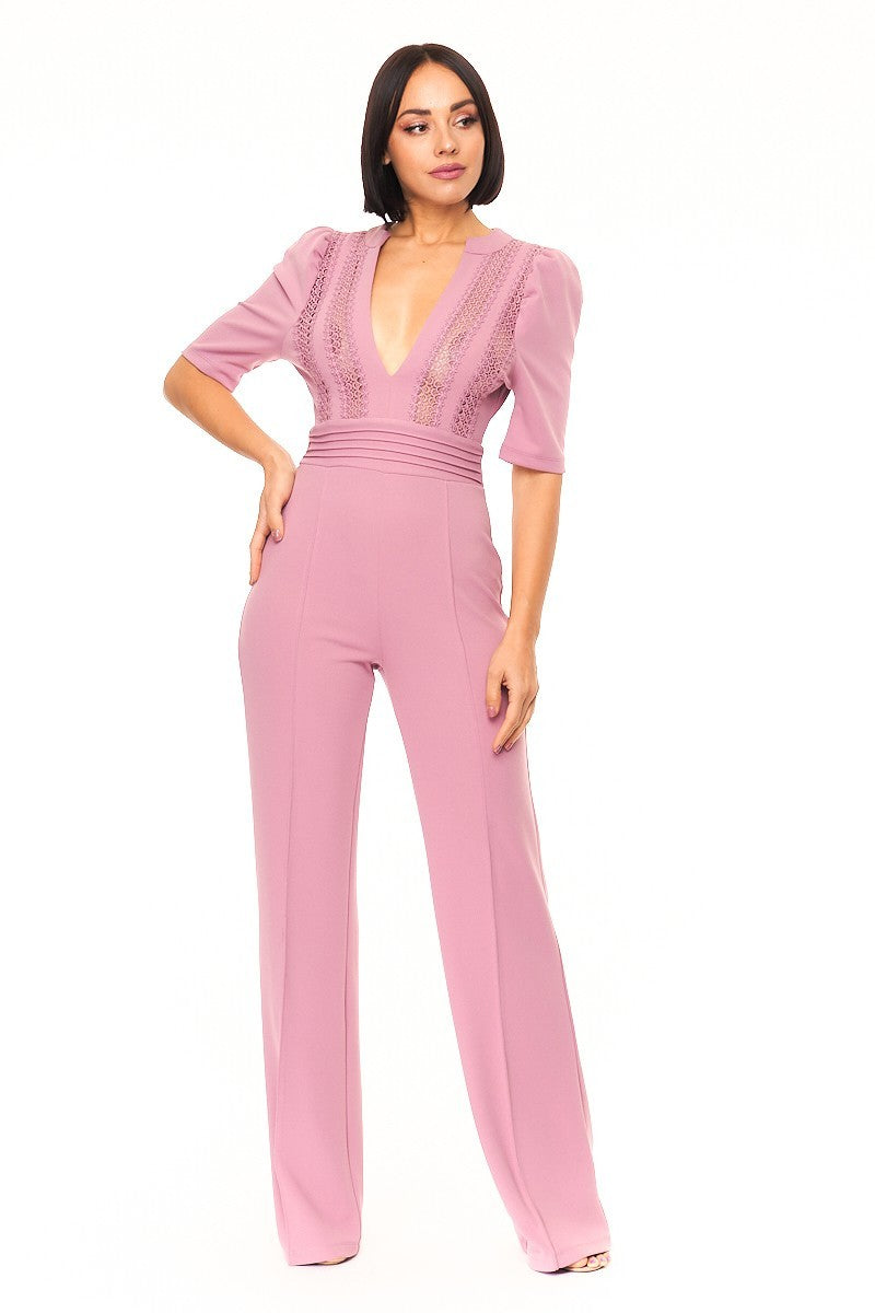 Women's Deep V-neck Crochet Bodice Jumpsuit Front-line Flared Leg (Mauve)