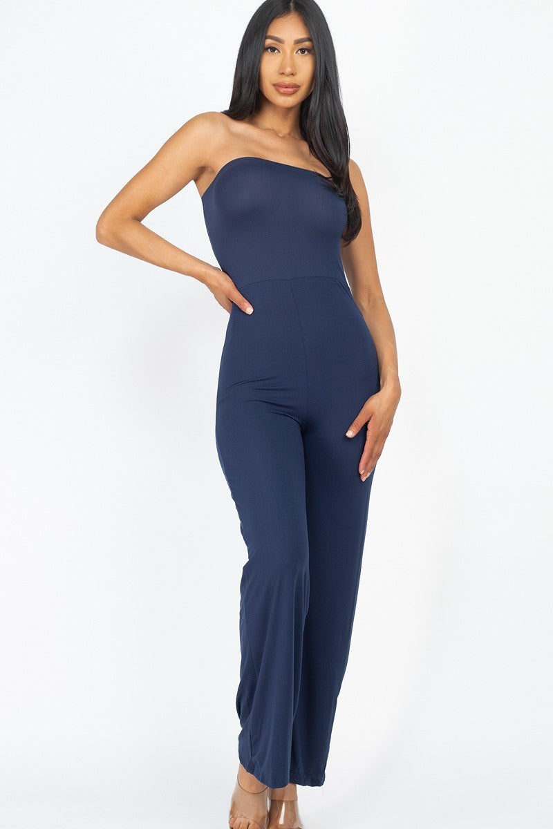 Women's Solid Strapless Jumpsuit Stretch Knit Wide Leg (Navy)
