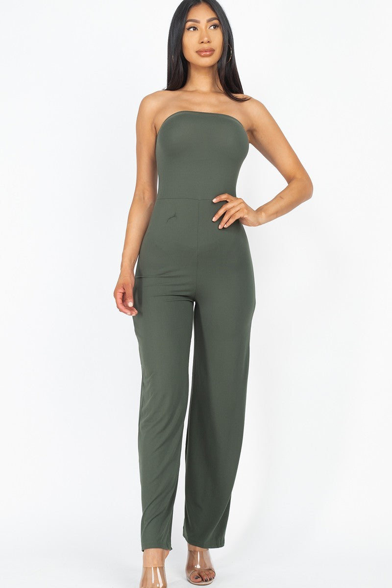 Women's Solid Strapless Jumpsuit Stretch Knit Wide Leg (Olive)