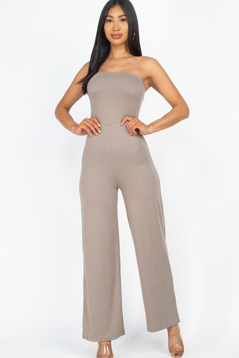 Women's Solid Strapless Jumpsuit Stretch Knit Wide Leg (Taupe)