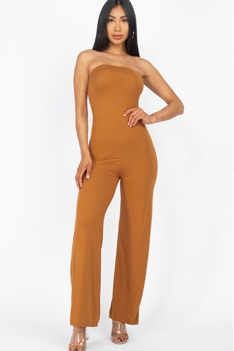 Women's Solid Strapless Jumpsuit Stretch Knit Wide Leg (Meerkat)