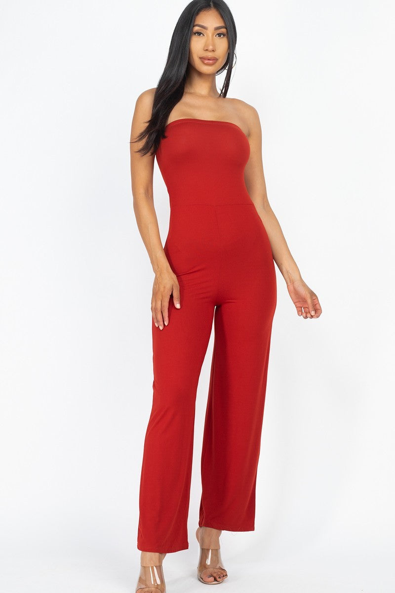 Women's Solid Strapless Jumpsuit Stretch Knit Wide Leg (Rust)