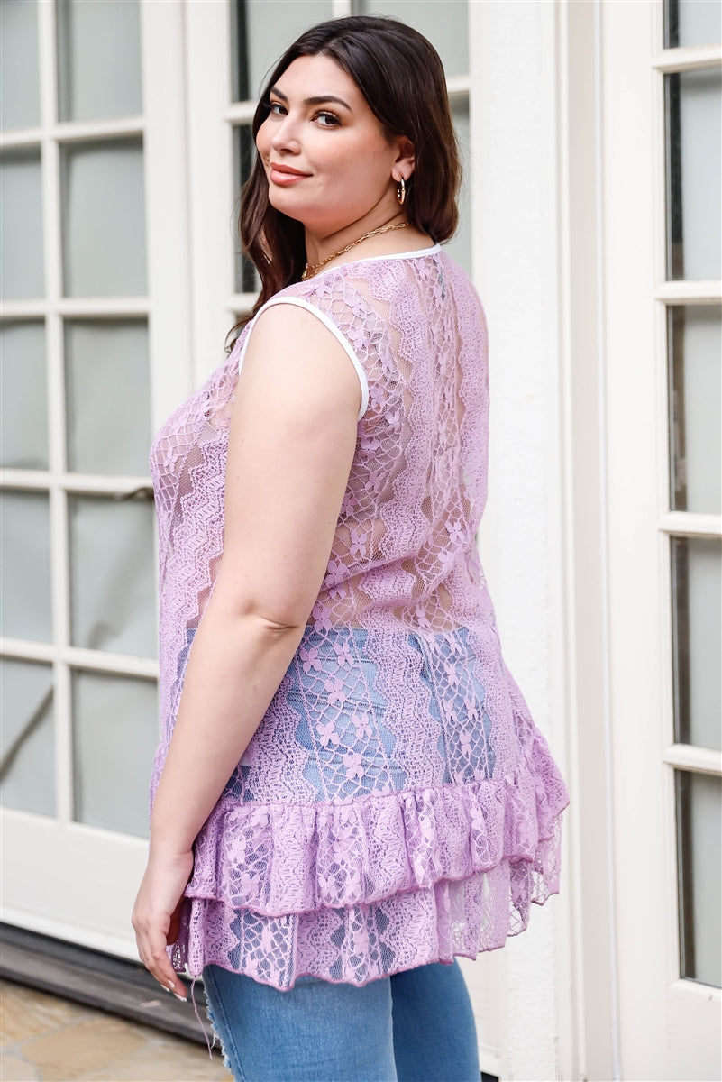 Women Round Neck Lace Sheer Tunic Top Sleeveless Ruffle Hem Blouse (1X,2X,3X)