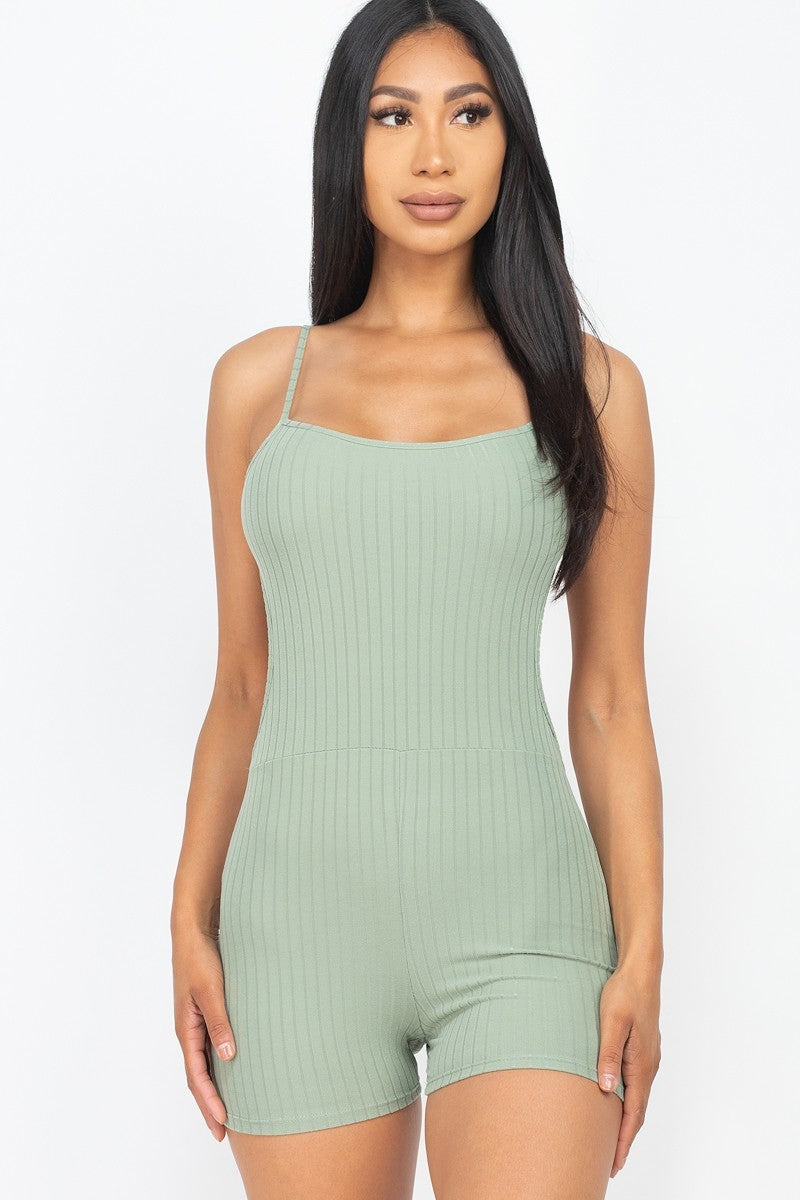 Women's Ribbed Bodycon Active Romper Cami Strap Back Cutout Stretch Sleeveless