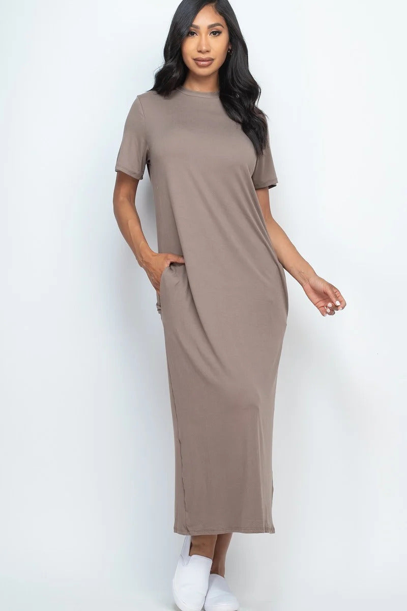 Women's Short Sleeve T Shirt Side Pocket Soft Stretchy Tee Maxi Dress - Taupe
